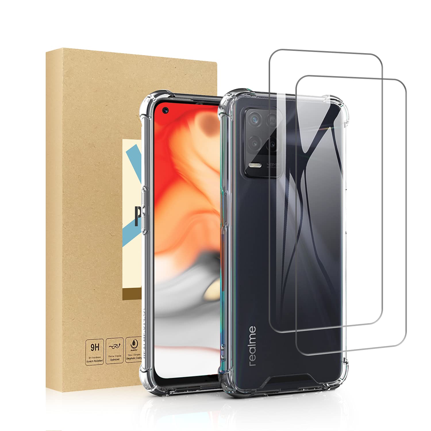SCL Case for Realme 8 Case and Screen Protector Realme 8/8 Pro Tempered Glass and Phone Case [Black], Carbon Fibre Effect Gel Grip Protection Cover [Anti Scratch][Anti Collision] Case