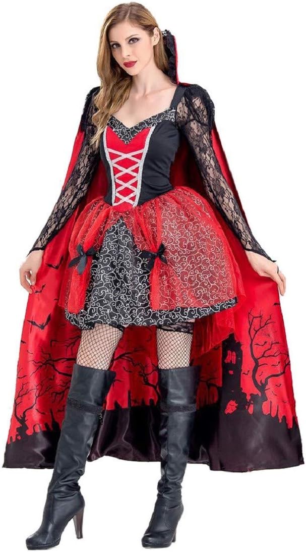 Women Halloween Queen Cosplay Costume Gothic Punk Lace Long Sleeve V Neck Mini Dress with Cloak Cape by Lowprofile