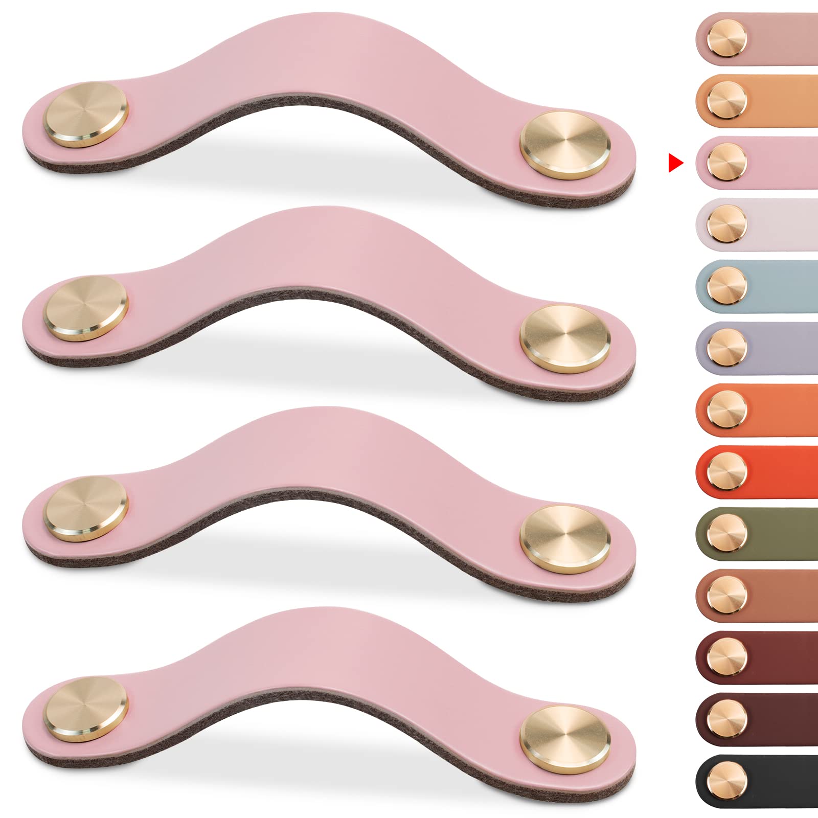 LEREATI 4pcs Leather Drawer Handles Drawer Knobs Kitchen Cupboard Handles, Faux Leather Drawer Pulls for Cupboards, Wardrobe, Dresser, Closet (Pink, 96mm Hole Center)