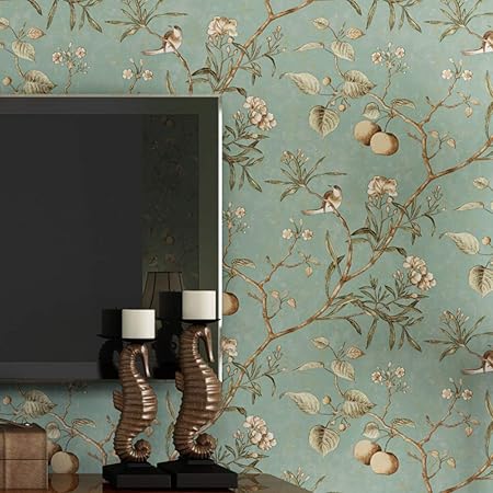 Kairry Wand Vintage Flower Baume Vogel Tapete Fur Wohnzimmer Schlafzimmer Kuche 0 53m 10m Color Light Blue Amazon De Kuche Haushalt