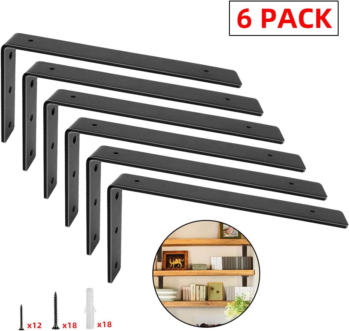 Shelf Brackets 12 Inch Heavy Duty Metal Shelf Supports Holders, L Corner Angle Brackets for Shelves Wall Mounted (6 Pack): Home Improvement