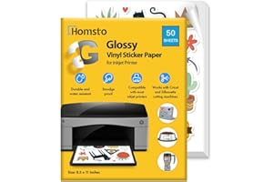 Homsto Vinyl Sticker Paper, Glossy Printable Vinyl Sticker Paper for Inkjet Printer, Quick-Drying, Water and Scratch-Resistant, Self-Adhesive for Most Surfaces, 8.5 x 11 Inches, 50 Sheets
