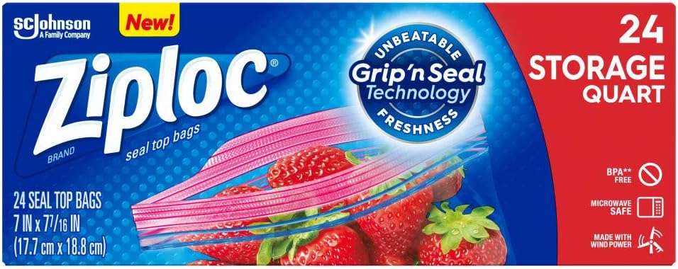 Ziploc Storage Bags with New Grip 'n Seal Technology, For Food, Sandwich, Organization and More, Smart Zipper Plus Seal, Quart, 24 Count