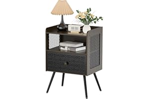 Iirios Nightstand,2-Tier Open Adjustable Metal Floral Drawer Night Stand for Sofa Side Table,Nightstand with Metal Fabric Drawers,Boho nightstand,End Table with Open Shelf,Black