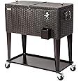 VINGLI 80 Quart Rolling Ice Chest, Portable Patio Party Bar Drink Cooler Cart, with Shelf, Beverage Pool with Bottle Opener (Brown)
