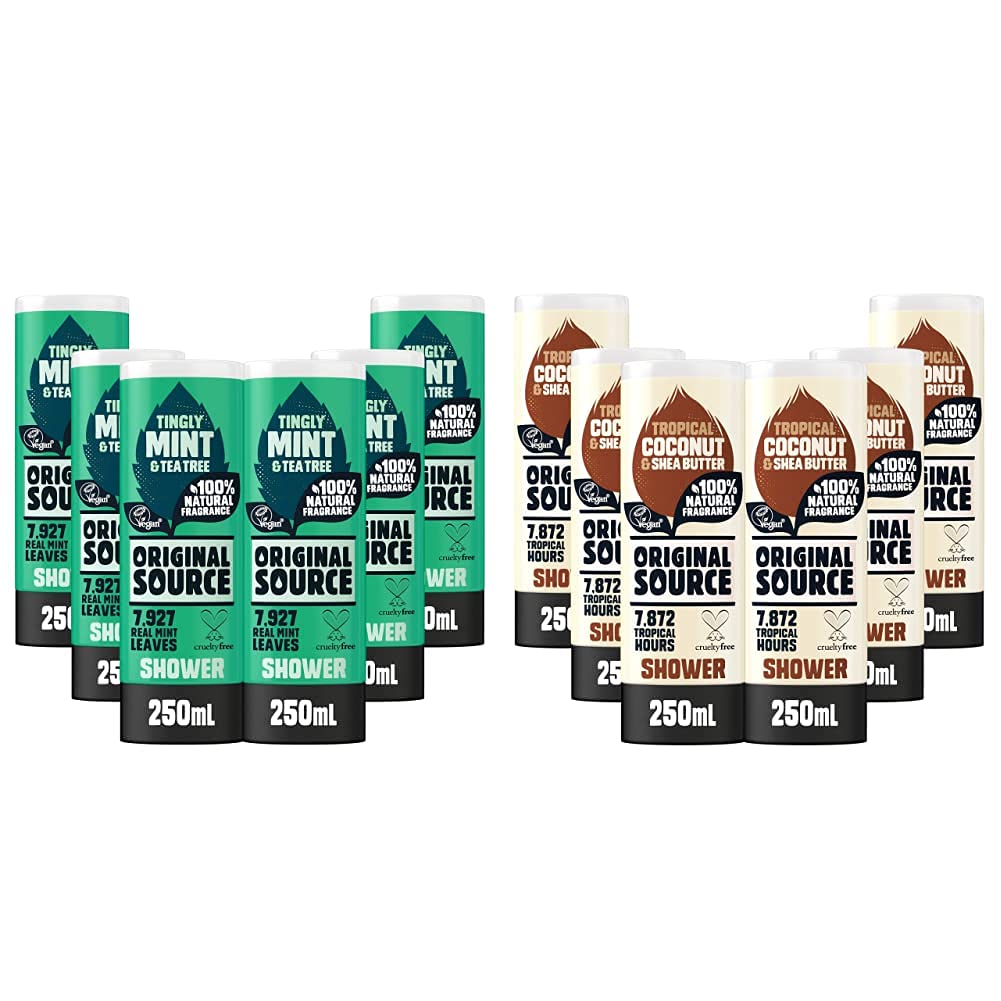 Original Source Mint & Tea Tree Shower Gel with Vegan Shower Gel, Paraben Free Body Shower Wash with Original Samphire Shower gel with Shower Wash, Multipack of 6