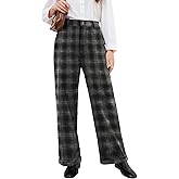 Rasutina Women Plaid Dress Pants High Waisted Wide Leg Pants Fleece Pants for Women Stretchy Fall Trousers
