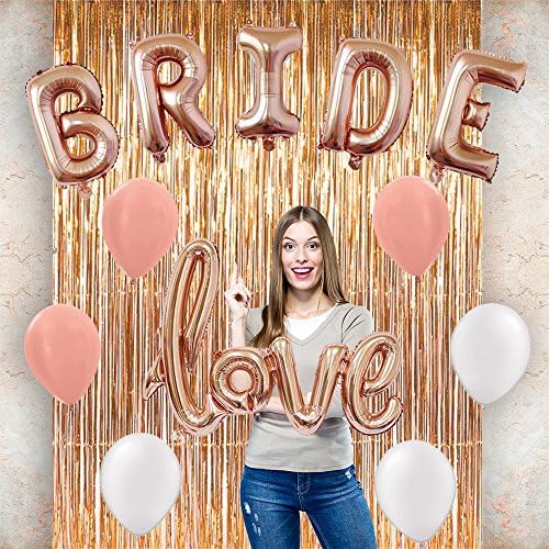 Bachelorette Party Decorations &amp; Bridal Shower kit! Set Includes:Rose Gold Bride Foil Balloon, 6 Latex Balloons, 3 Rose Gold &amp; 3 White,Rose Gold Fringe Curtain,Rose Gold Love Fail Balloon