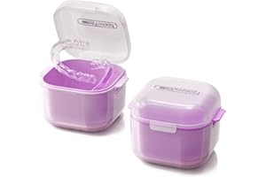HyJeryty Purple Denture Cup Denture Case, Retainer Cleaner Case, Pretty Night Mouth Guard Holder Box, Storage Soak Container with Drain Basket for Home Travel Cleaning