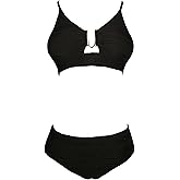 YUNAR Women's Textured High Waisted Sexy Bikini Set, V-Wired Cutout 2 Piece Bathing Suit, Ribbed Push Up Tummy Control