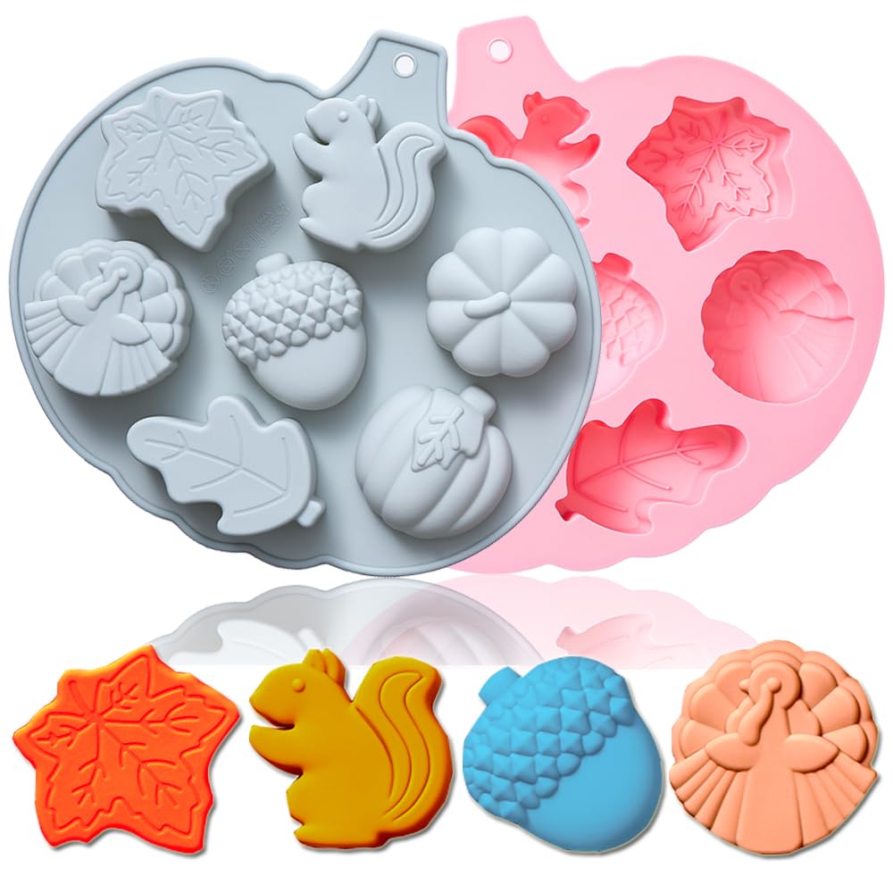 Photo 1 of 2 Pack Fall Thanksgiving Chocolate Molds Autumn Pumpkin Maple Squirrel Leaves Acorn Turkey Silicone Molds Fall Candy Resin Baking Mold Soap Mold for Halloween Autumn Harvest Cupcake Cake Topper Décor