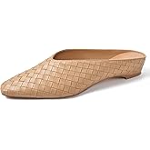LUXMUWA Woven Mules for Women Metallic Leather Slides Ladies Trendy Comfortable Square Toe Hidden Wedge Shoes