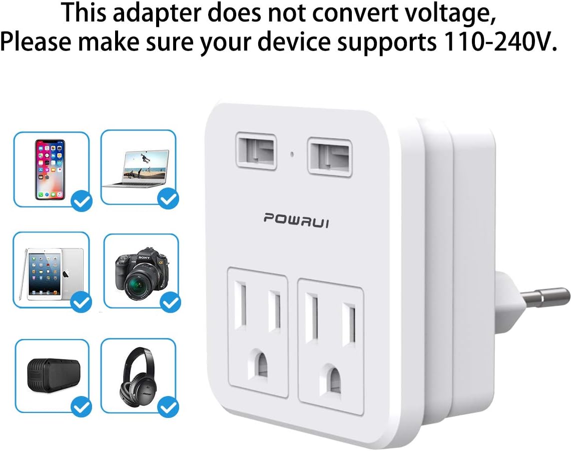 European Travel Plug Adapter, POWRUI 2 Pack International Power Adapter with 2 AC Outlets and Dual USB ports for USA To Most of Europe EU Israel Brazil Italy(Type C - Most of Europe): Home Improvement