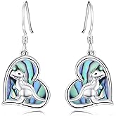 KINGWHYTE Dinosaur Earrings 925 Sterling Silver Animal Drop Earrings Abalone Shell Heart Dangle Earrings Birthday Christmas Jewelry Gifts for Women