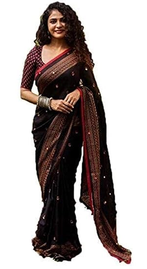 Womens cotton Jute Silk Saree with unstitched Blouse Piece (Black)
