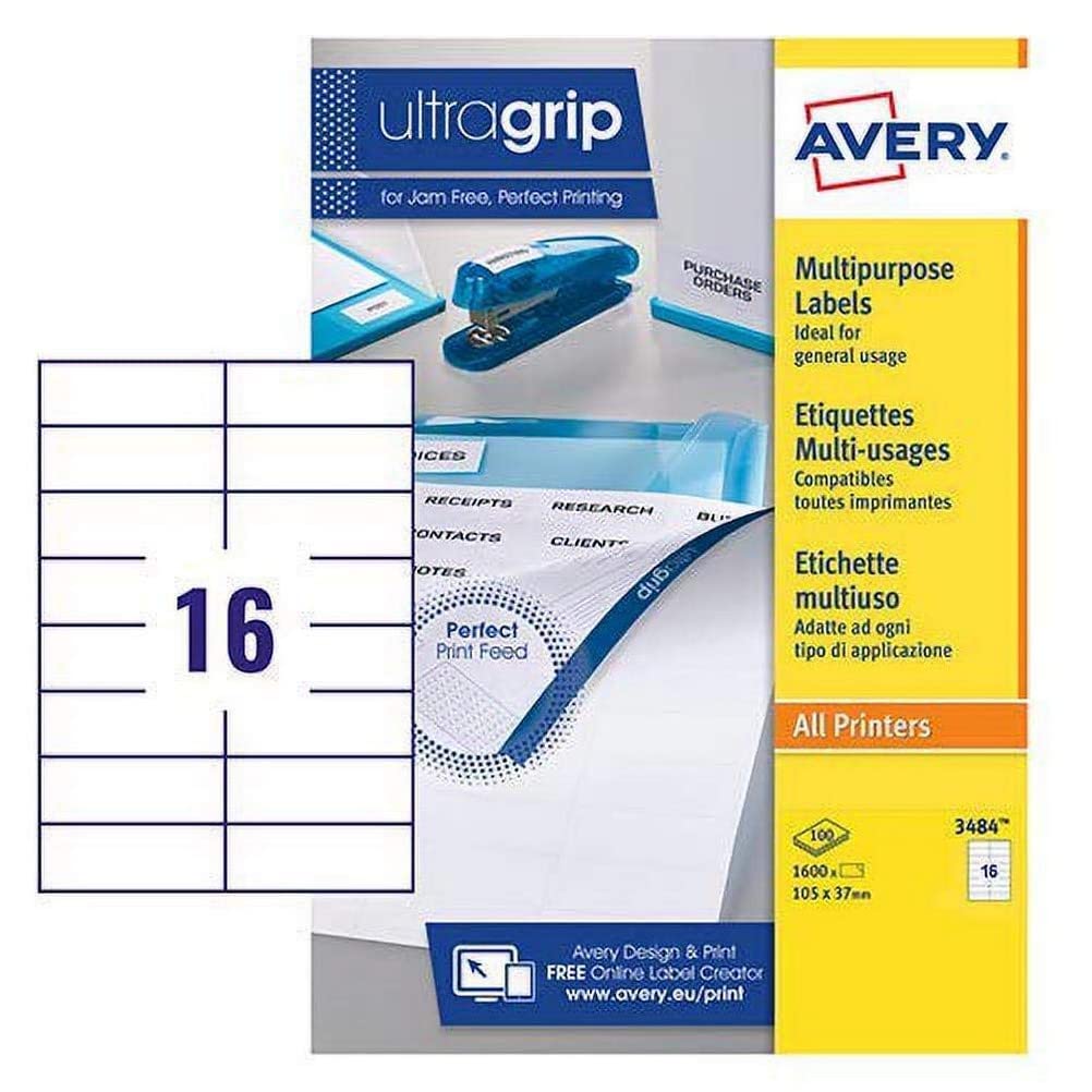 Avery 3484 Printable, Customisable Multipurpose/Copier Labels, 16 Labels per A4 Sheet, White, 100 Sheets