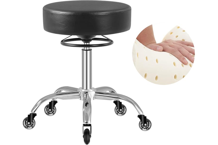 Mineloff Rolling Stool with Wheels 400lbs Weight Capacity,Heavy Duty Lash Chair Adjustable for Tatoo Lab Massage Salon Spa Drafting Nail Teach,360 Swivel,Leather,Thick Seat Padding (Black)