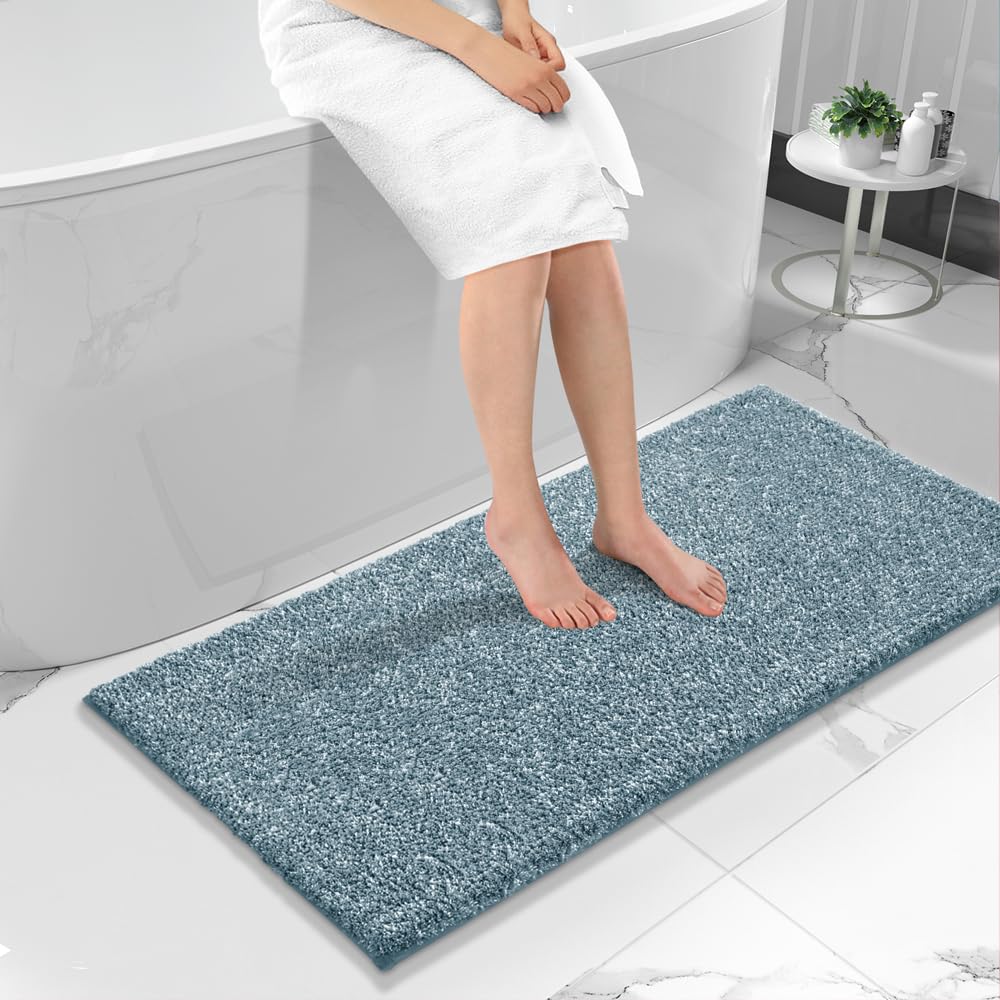 Photo 1 of Yimobra Bathroom Rugs Mat, Extra Soft Comfortable Bath Rugs, Non-Slip, Water Absorbent and Thick Bathroom Floor Mats, Machine Washine, Shaggy Rugs for Shower Bathtubs, 60" x 24", Blue Grey&White