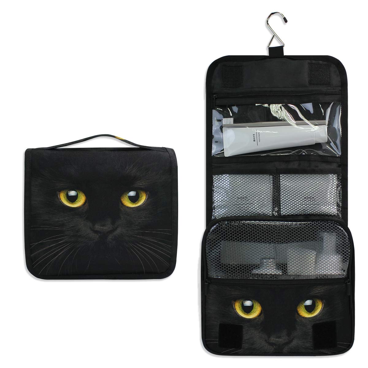KUWT Hanging Toiletry Bag Funny Animal Black Cat Cosmetic Travel Bag Portable Makeup Organizer for Cosmetics, Toiletries and Travel Accessories
