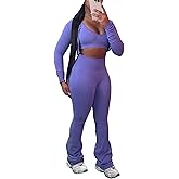 Mintsnow Women 3 Piece Sweatsuit Outfits Sets Long Sleeve Zipper Jacket Crop Tops and Long Flare Pants Set Workout Tracksuit