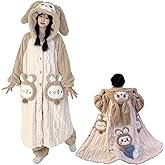Brrioe Women's cute Kawaii button bathrobe hoodie coat plush warm pajamas and trousers Sets Soft Fleece Hooded Loungewear