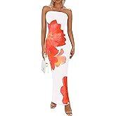 PRETTYGARDEN Women Summer Strapless Maxi Dress Bodycon Floral Sexy Long Wedding Guest Dress Formal Tube Mesh Cocktail Dresses