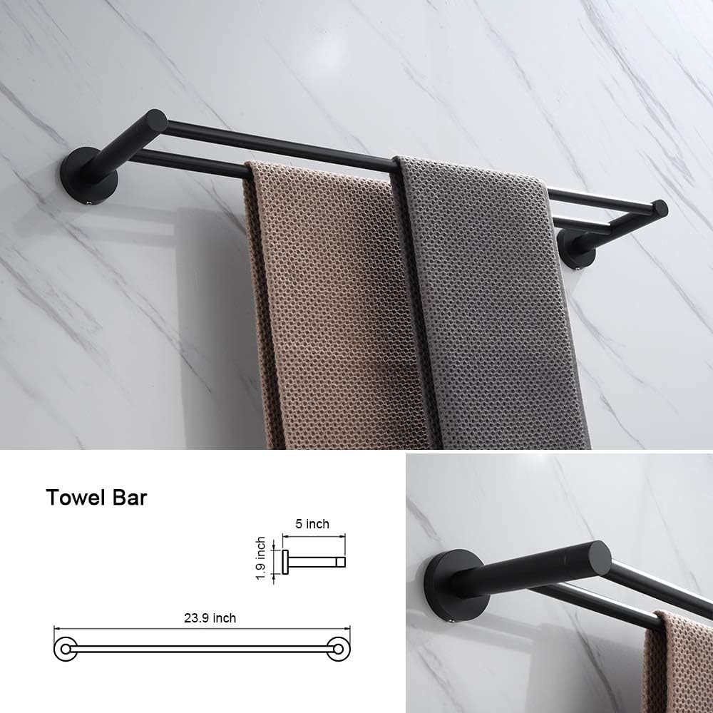 Iriber Bathroom Hardware Round Matte Black Double Bath Towel Bar Rack Shelf Caddy Accessory Set,Stainless Steel Coat Rack with 5 Scroll Hooks,Toilet Paper Holder,Robe Hook Wall Mounted,4-Piece: Home & Kitchen