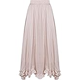 ETOSELL Satin Midi Skirt for Women Pleated Elastic Waist Relaxed Fit A-Line Slip Skirt with Ruffle Hem