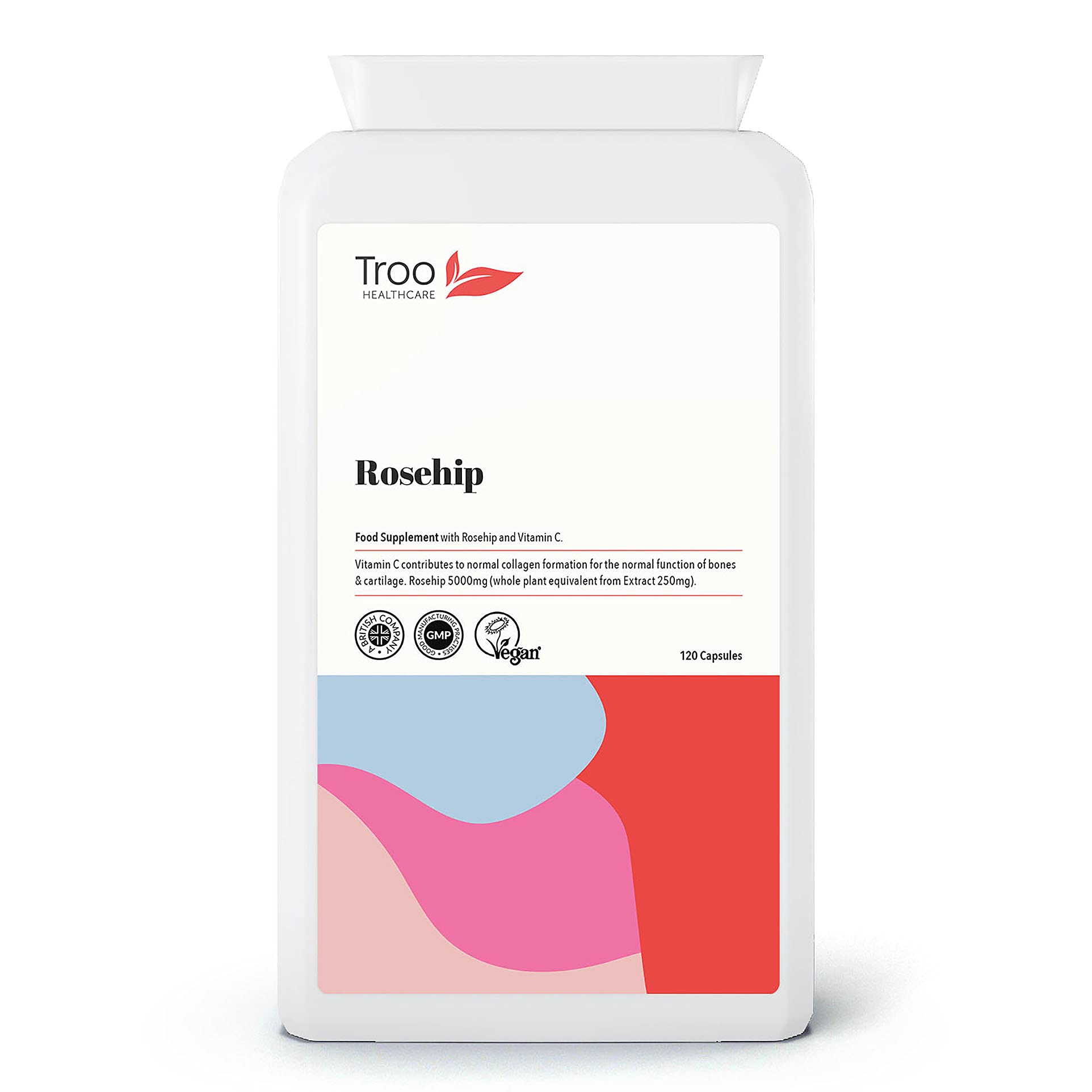 Troo Health Care Rosehip Supplements 5000mg with Rosacanina and Vitamin C to Support Bones, Cartilage and Collagen Formation - 120 Capsules - Up to 4 Months Supply - UK Made to GMP Standards
