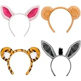 Beviliu Animal Ears Headband, Pig Bear Tiger Donkey Ears Headbands Realistic, Animal Hairdband Costume Adult Halloween Christmas for Washing Makeup Birthday Cosplay Party, 4Pack