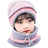 3 in 1 Winter Knitted Beanie Hat Mouth Neck Warmer Set for Girls Boys Kids, Warm Fleece Lined Ski Caps with Pompom