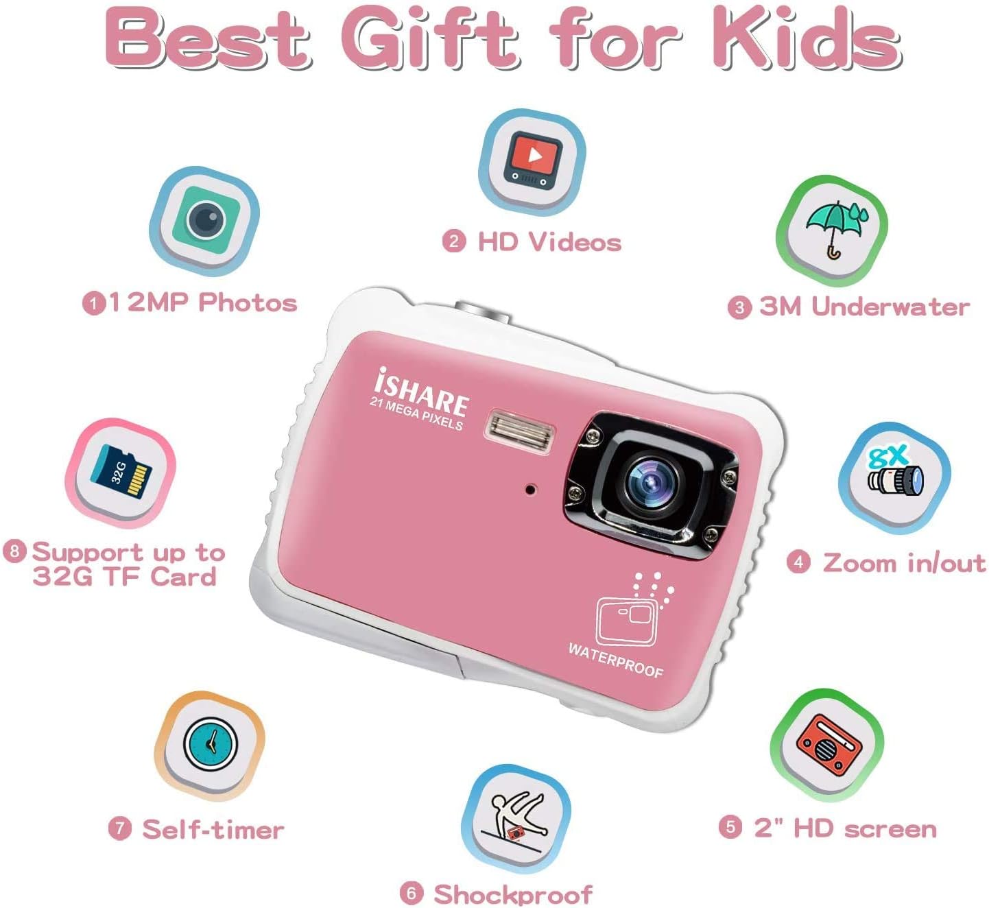 Cocac Underwater Camera 21MP HD Waterproof Digital Camera for Kids with 2.0" LCD 8X Digital Zoom Flash and Mic for Girls/Boys 2-5-10-15 Pink with 2 Batteries Max Support 32GB Card(not Included) : Camera & Photo