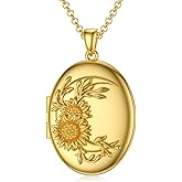 SOULMEET 10K 14K 18K Solid Gold/Plated Gold Oval Locket That Holds Multi Pictures Personalized Oval Sunflower/Starburst/Rose Locket Necklace Gift
