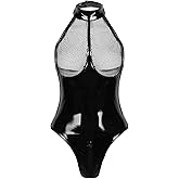 Gain Love Sexy Women's Lingerie PVC Leather Mesh Bra Wetlook Halter Neck One Piece Clubwear Teddy Bodysuit