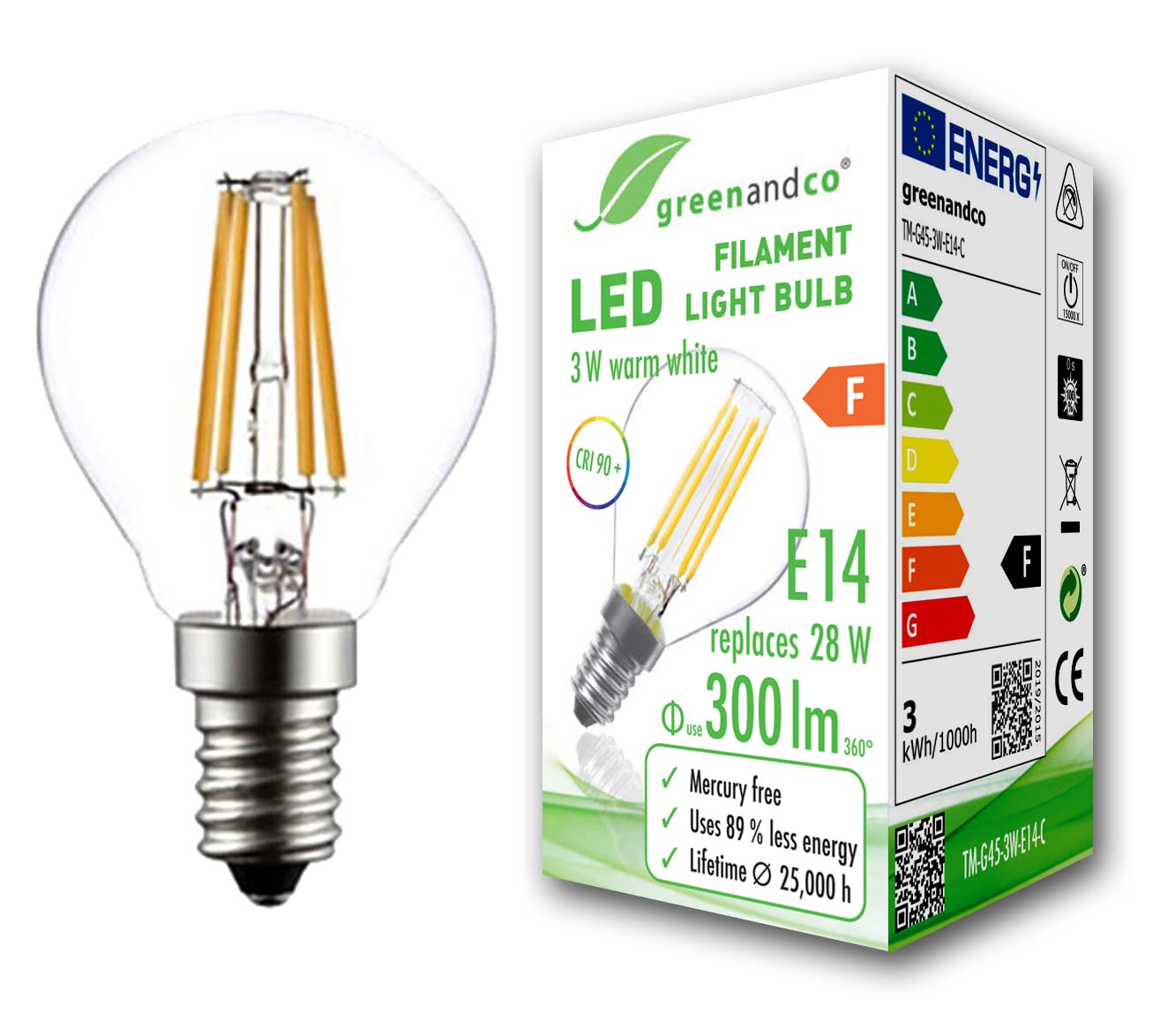 greenandco® CRI 90+ E14 G45 Globe LED Filament Bulb Clear 3W Replaces 28W 300lm 2700K Warm White 360° 230V, no Flicker, not dimmable