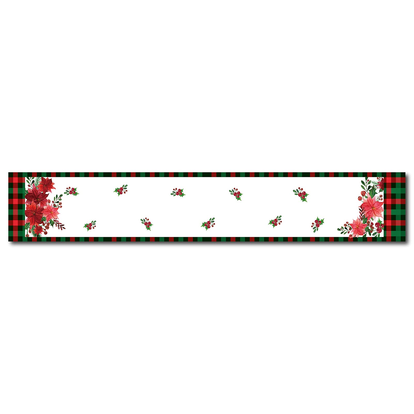 CREATCABIN Christmas Table Runner Poinsettia Red Green Black Check Plaid Washable Cotton Linen Dresser Decor for Xmas Family Dinner Party Wedding Table Runners Decoration 70.8 x 11.8inch