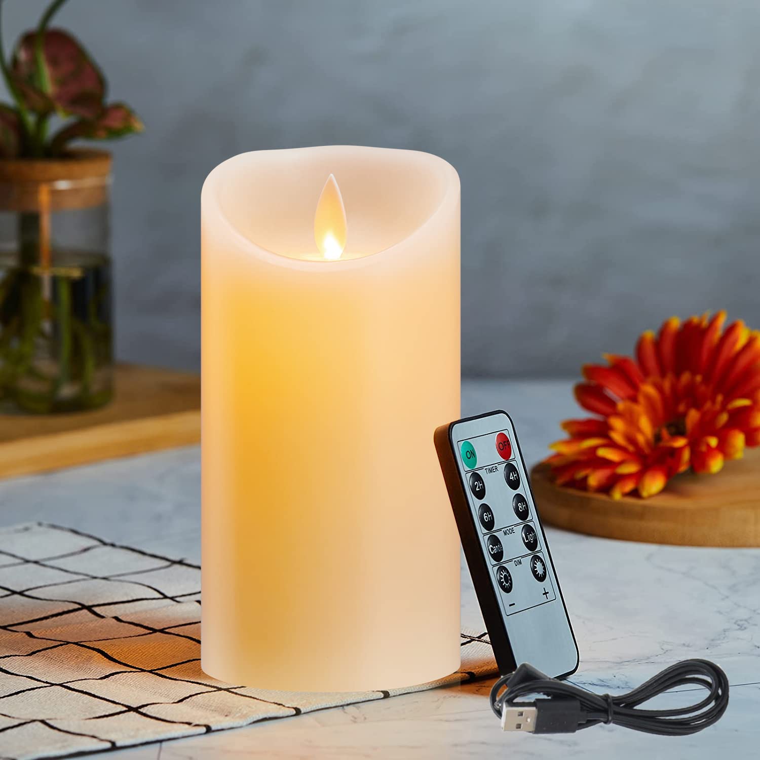 Lonkenn LED Candles, Real Wax Candle Pillars, Rechargeable Flickering Flameless Candles with USB Charging Cable, Outdoor Indoor Candles with 10 Key Remote Timers, Festival, Party(Ivory White,10cm*1)
