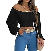 MIRACMODA Woman Off Shoulder Ruched Tie Back Crop Top Summer Lantern Sleeve Boho Shirt Blouse