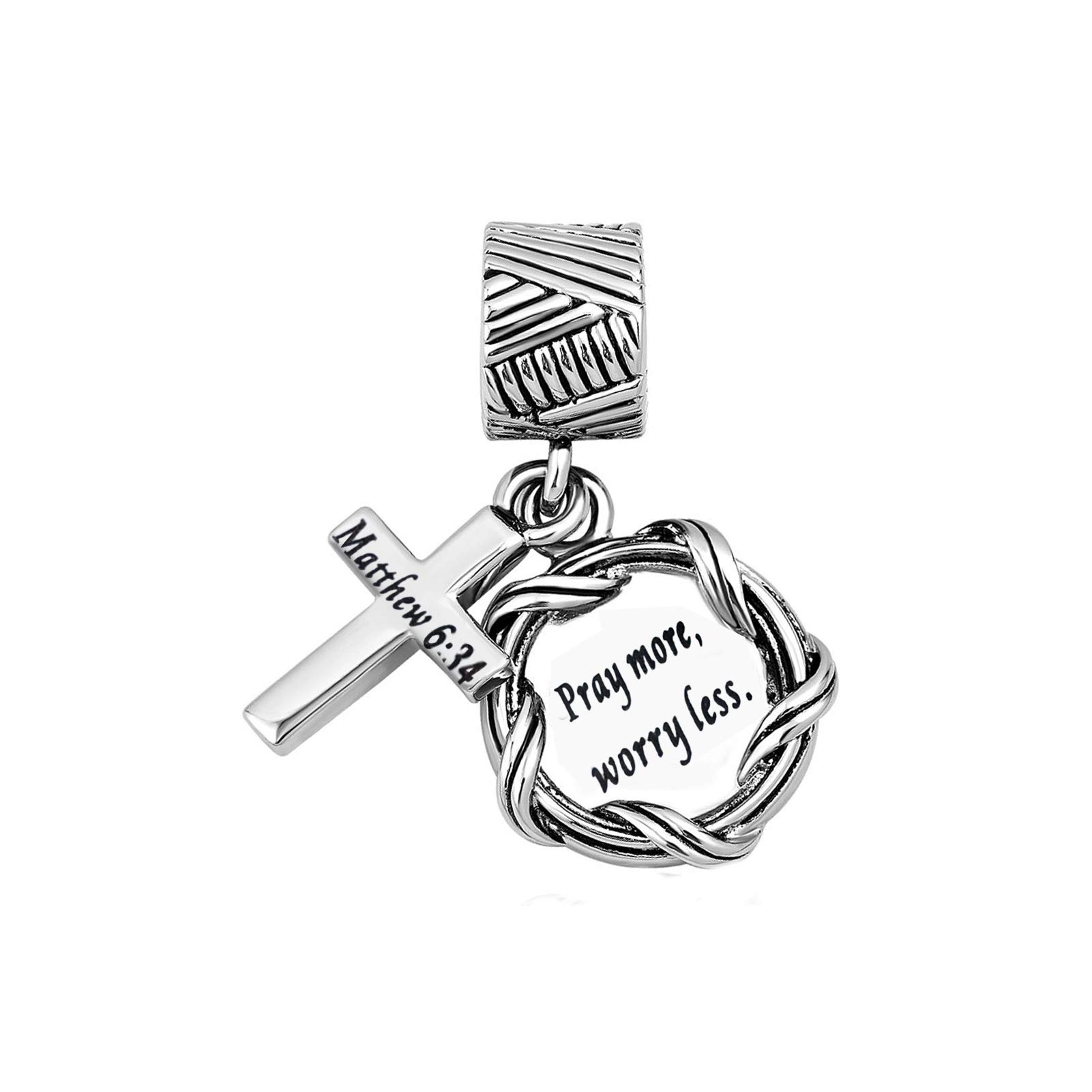 Bible Verses Matthew Religion Dangle Charm Compatible with Pandora Charm Bracelets Jesus Cross Christian Pray More Worry Less
