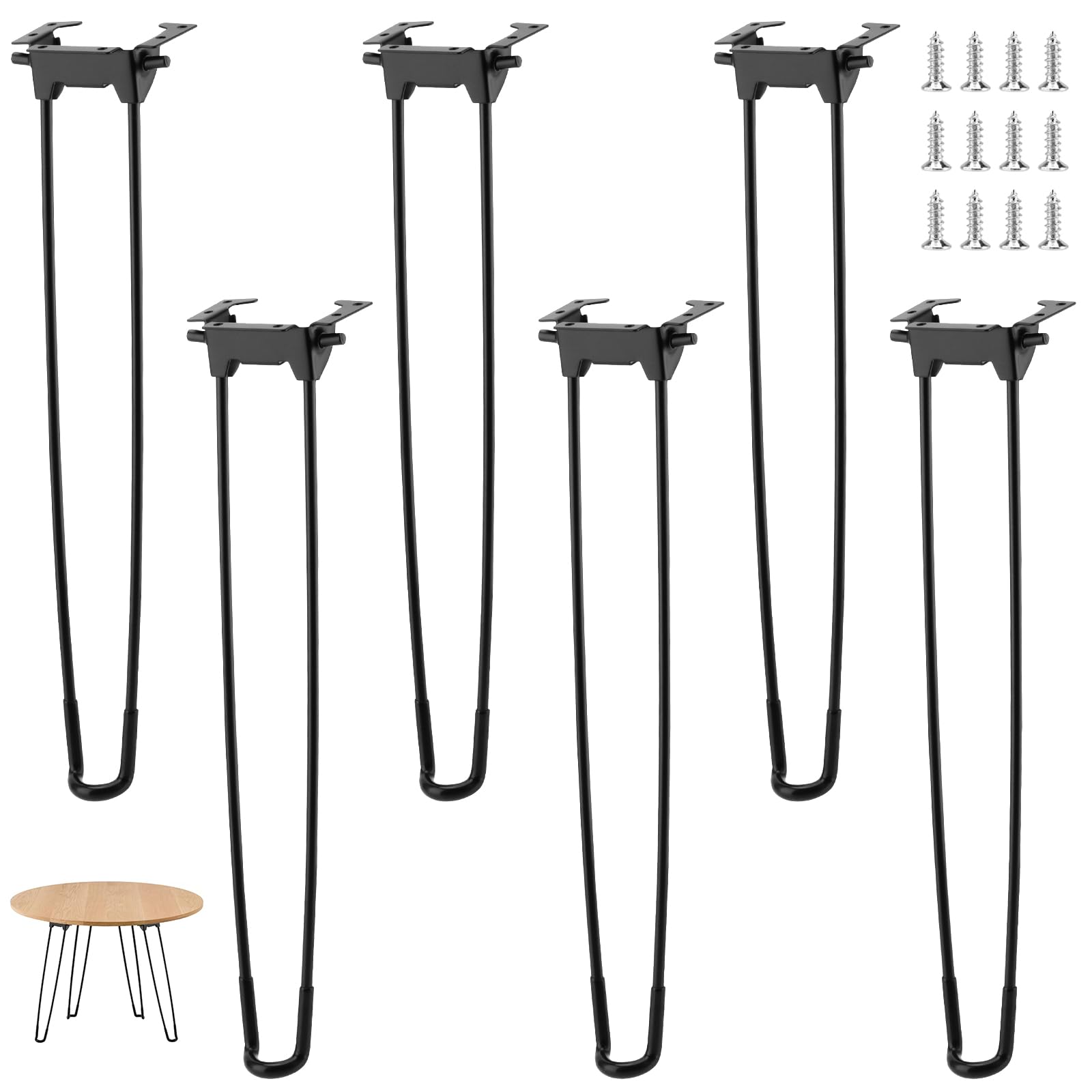SINJEUN 17Inch Foldable Hairpin Table Legs, 6 Pack Black Metal Folding Furniture Legs with Protector Feet and Mounting Screws, Max Support 350lbs for Bench, Coffee Table, Chair, Nightstand