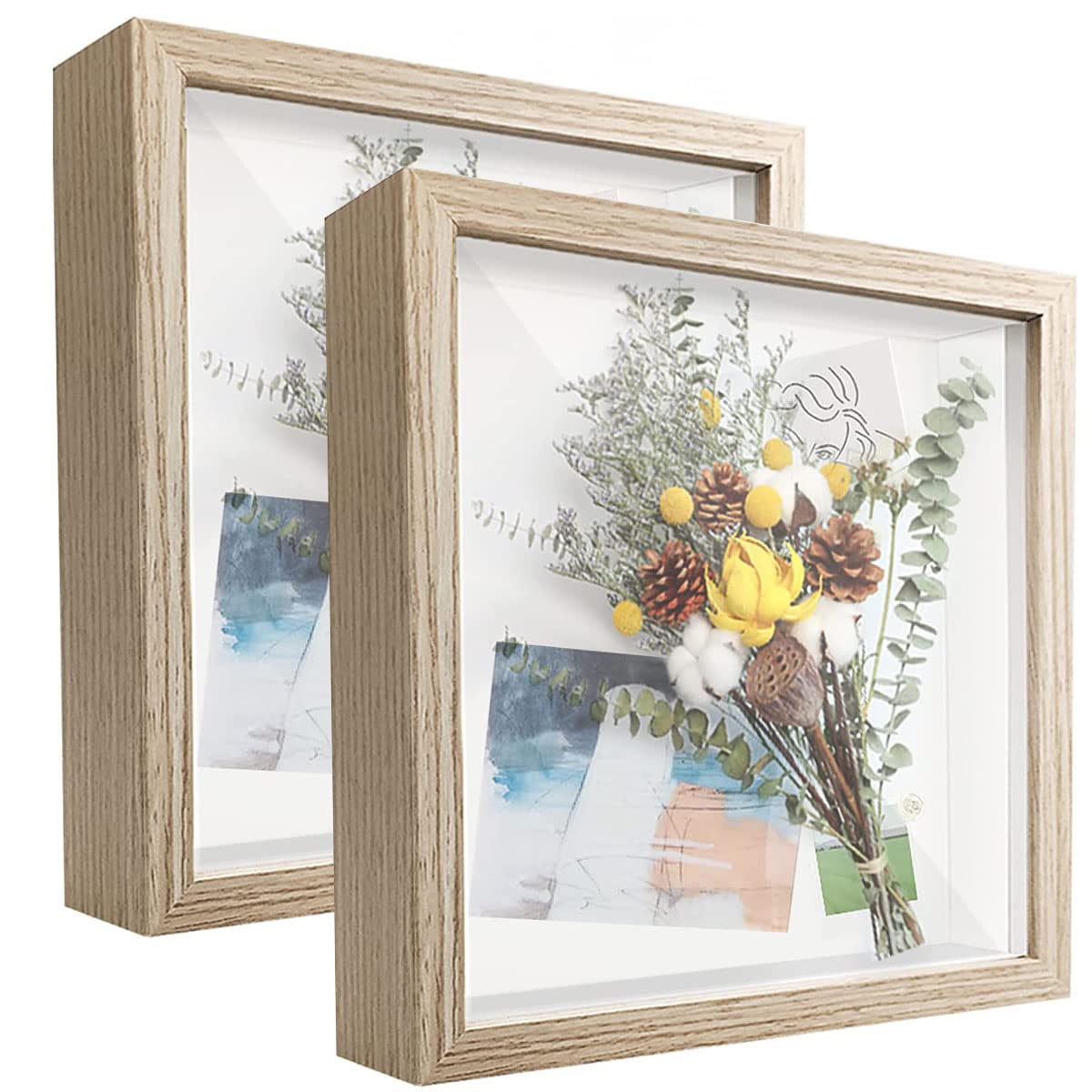 SUNMEG 2Pcs 3D Shadow Box 8x8 Picture Frame Wooden Deep Box Square Photo Frames Desktop or Wall Hanging for Medal, Flower & Crafts Display