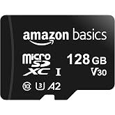 Amazon Basics microSDXC Memory Card with Full Size Adapter, A2, U3, Read Speed up to 100 MB/s, 128GB, Black