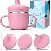 BUSOHA Stainless Steel Toddler Sippy Cup – 8oz Spill-Proof Straw Cup for 6+ Month Babies & Toddlers, 3-in-1 Reusable Travel Cup with Brush – Dishwasher Safe, Kids Drinking Cup, Pink