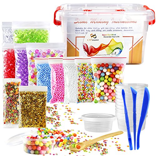 OPount 15 Pack Kit for Slime Making Including Fishbowl Beads, Foam Balls, Foam Ball Storage Containers, Confetti, Fruit Slices and Instructions for Slime Making Art DIY Craft(Not Contain Slime)