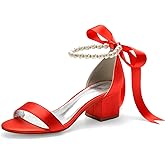 Anna's Bridal Women's Low Block Heel Sandals Chunky Ankle Strap Pearl Wedding Dress Shoes Low Heel Comfortable Pump Sandals