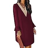 QACOHU Fall Dresses for Women 2026 Casual V Neck Long Sleeves Flowy Mini Tunic Dress