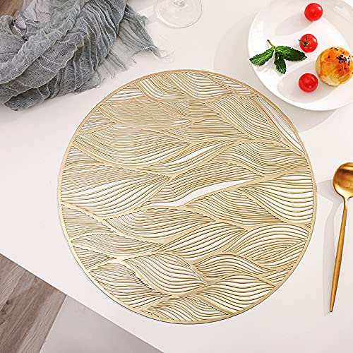 Hosoncovy 4 Pack Waves Decorative Placemats PVC Placemats Hollow Table Place Mats Heat Resistant Non-slip Dining Placemats Leaf Placemat Round Placemats for Home Kitchen (Gold)