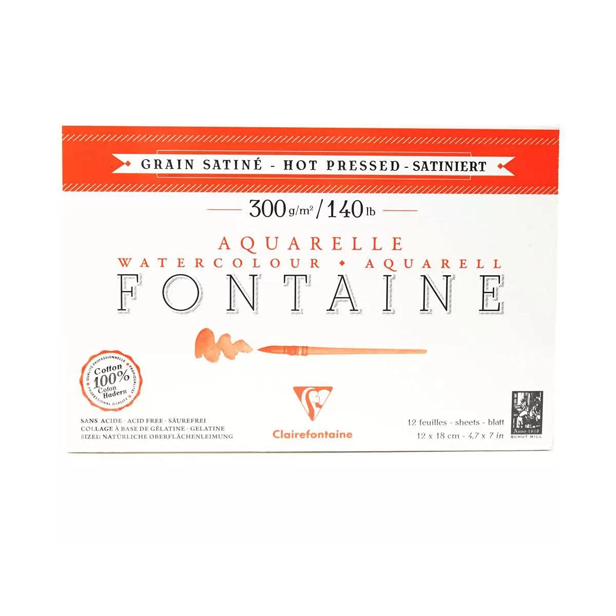 Clairefontaine - Ref 96348C - Fontaine Hot Pressed Watercolour Glued Pad (12 Sheets) - 12 x 18cm Size, 300gsm Paper - Suitable for Watercolour Artwork