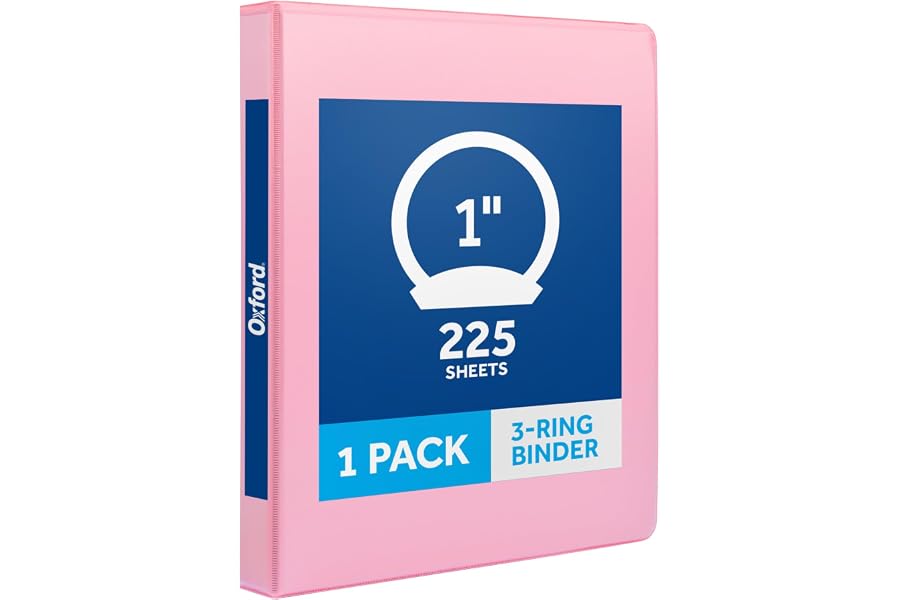 Oxford 1 Inch 3 Ring Binder, Pink, Holds 225 Sheets, 2 Pockets | Round rings, clear view covers for custom inserts. PVC free, non stick.