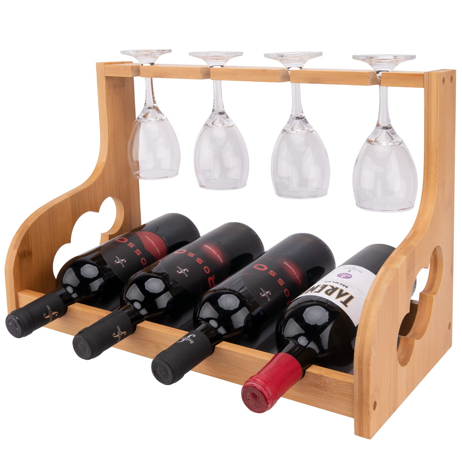Photo 1 of LEIMO KPARTS Wine Racks countertop with Glass Holder, Bamboo Tabletop Wine Rack, Counter top Bottle Wine Rack Shelf, Freestanding Wine Rack Hold 4 Bottles and 4 Glasses